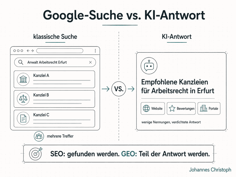 Vergleich von Google-Suche und KI-Antwort für Anwaltskanzleien: SEO sorgt für Auffindbarkeit, GEO für Sichtbarkeit in ChatGPT und anderen KI-Systemen.