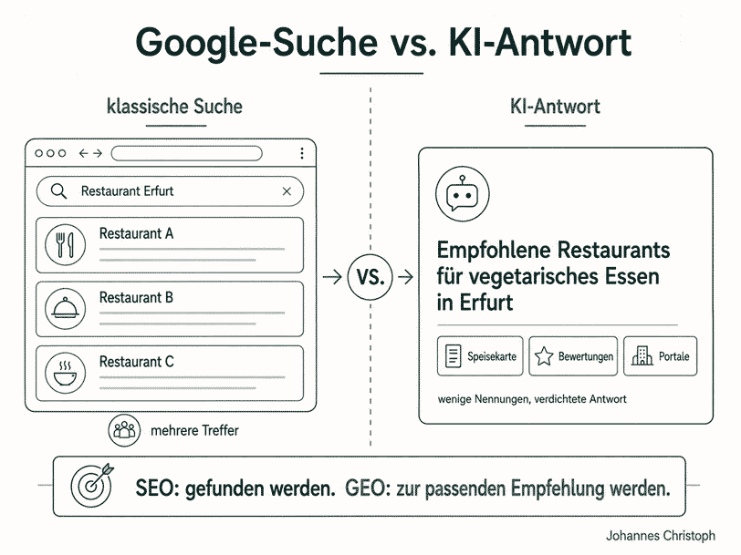 Infografik zum Vergleich von Google-Suche und KI-Antwort für Restaurants: SEO sorgt für Auffindbarkeit, GEO für passende Empfehlungen in ChatGPT und anderen KI-Systemen.