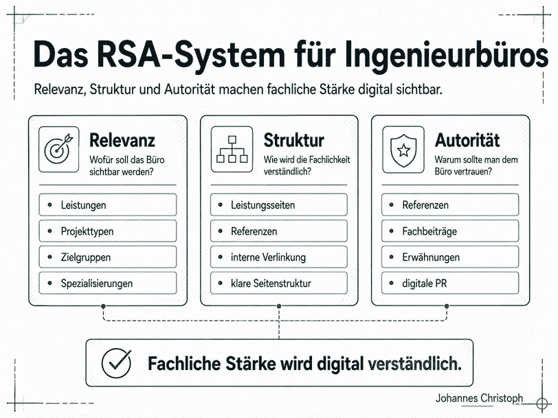 Infografik zum RSA-System für Ingenieurbüros mit den drei Säulen Relevanz, Struktur und Autorität zur digitalen Sichtbarkeit von Leistungen, Referenzen und Fachkompetenz.