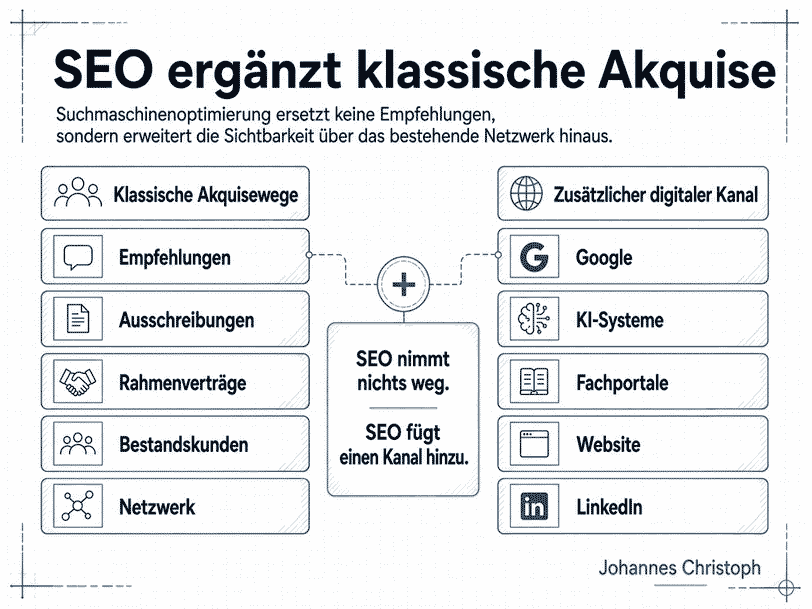 Infografik zeigt, wie SEO für Ingenieurbüros klassische Akquisewege wie Empfehlungen, Ausschreibungen, Rahmenverträge und Netzwerk um digitale Sichtbarkeit über Google, KI-Systeme, Fachportale, Website und LinkedIn ergänzt.