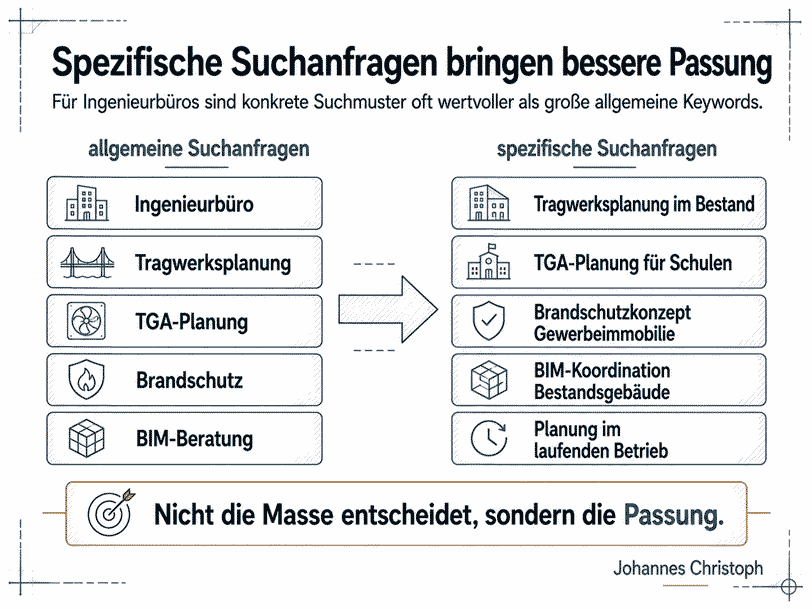 Infografik zeigt, warum spezifische Suchanfragen im SEO für Ingenieurbüros oft wertvoller sind als allgemeine Keywords, mit Beispielen wie Tragwerksplanung im Bestand, TGA-Planung für Schulen und BIM-Koordination für Bestandsgebäude.