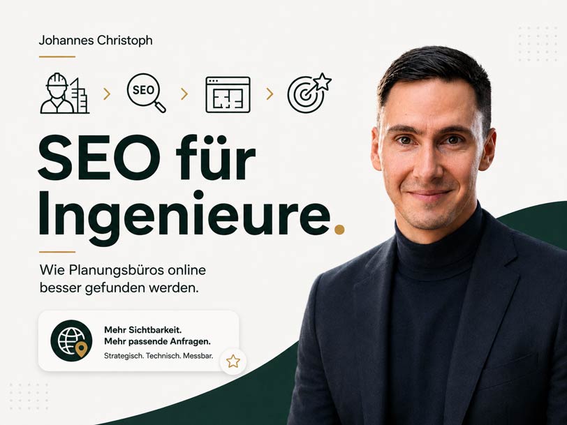 Beitragsbild zum Thema SEO für Ingenieure mit Johannes Christoph und der Headline „SEO für Ingenieure – Wie Planungsbüros online besser gefunden werden“.