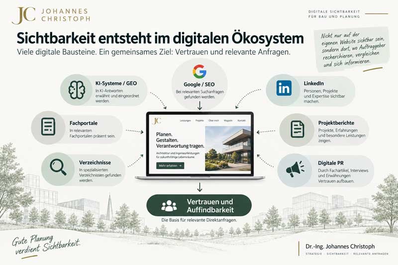 Die Infografik zeigt, wie digitale Sichtbarkeit für Architektur- und Ingenieurbüros durch mehrere Bausteine entsteht. Im Zentrum steht die eigene Website als Basis. Darum herum wirken Google und SEO, KI-Systeme und GEO, LinkedIn, Fachportale, Verzeichnisse, Projektberichte und digitale PR zusammen. Die Kernaussage: Vertrauen und Auffindbarkeit entstehen nicht durch einen einzelnen Kanal, sondern durch ein digitales Ökosystem, in dem Auftraggeber recherchieren, vergleichen und sich informieren.