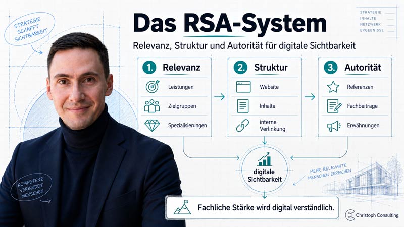 Infografik zum RSA-System von Christoph Consulting mit Johannes Christoph, den drei Säulen Relevanz, Struktur und Autorität sowie dem Ziel digitaler Sichtbarkeit.