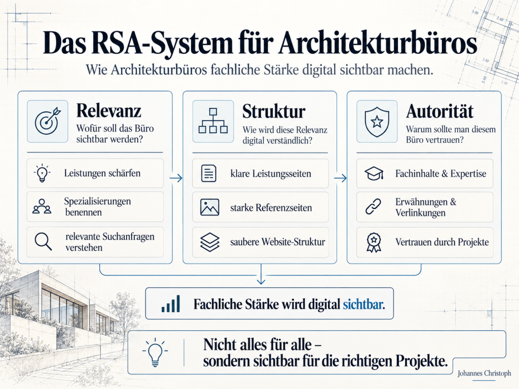 Infografik zum RSA-System für Architekturbüros mit den drei Säulen Relevanz, Struktur und Autorität für digitale Sichtbarkeit.