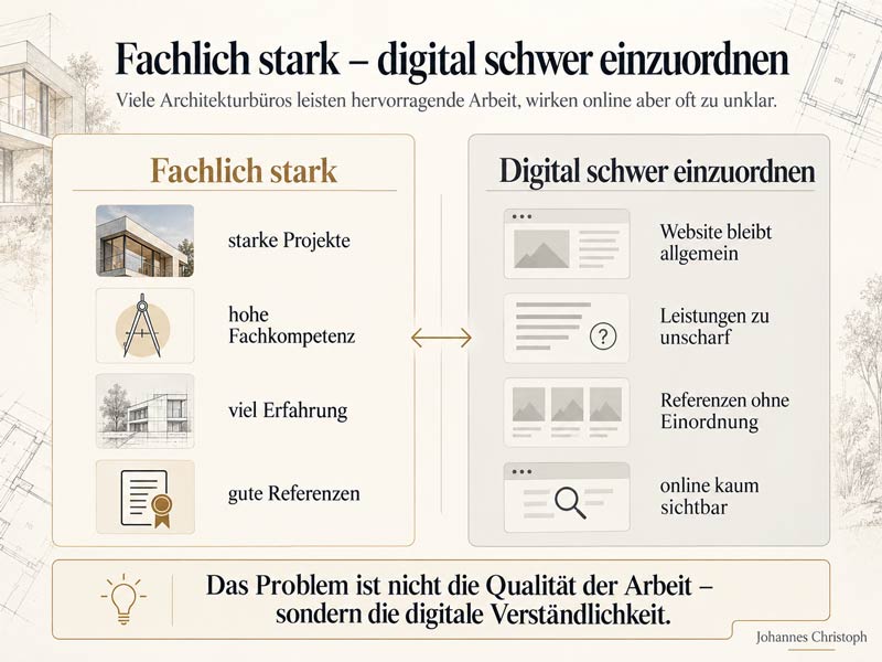 Infografik für SEO bei Architekten: fachlich starke Architekturbüros sind online oft digital schwer einzuordnen und dadurch unter Wert sichtbar.