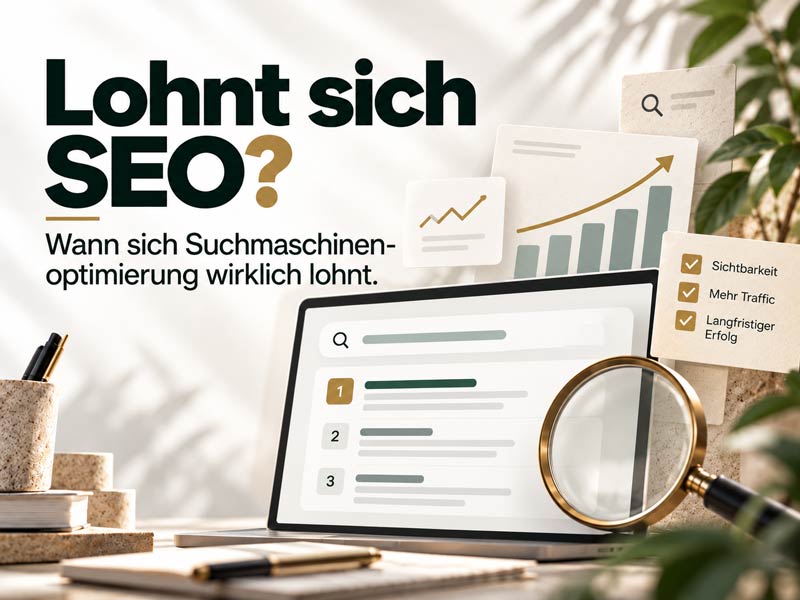 Titelbild zum Artikel „Lohnt sich SEO?“ mit moderner editorialer Darstellung von Suchstrategie, Sichtbarkeit und digitalem Marketing.