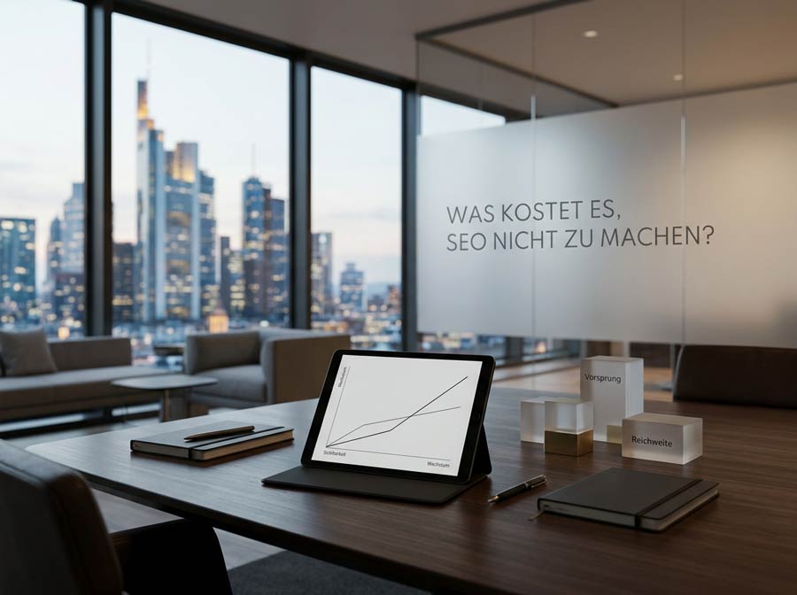 Editorial-Visual zu den Opportunitätskosten von SEO und zum Sichtbarkeitsvorsprung von Wettbewerbern.