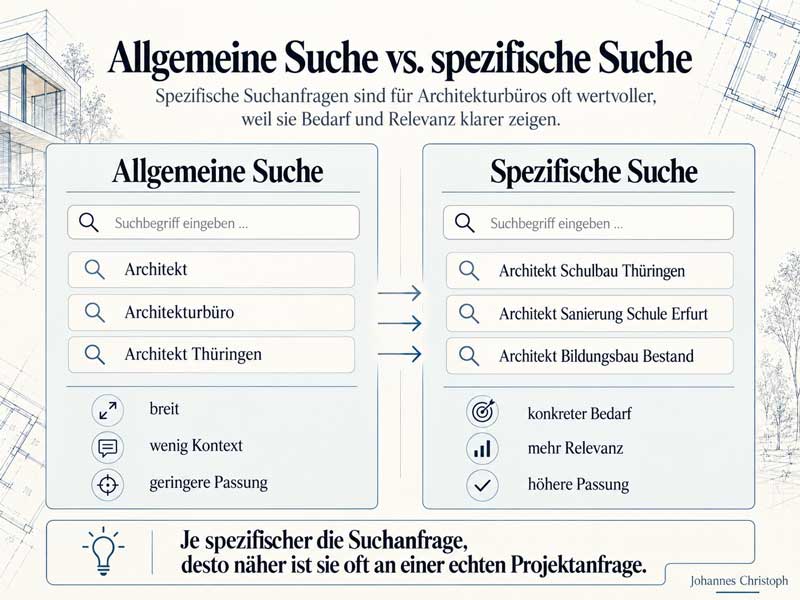 Infografik zu SEO für Architekten: allgemeine Suchanfragen wie „Architekt“ im Vergleich zu spezifischen Suchanfragen wie „Architekt Schulbau Thüringen“.