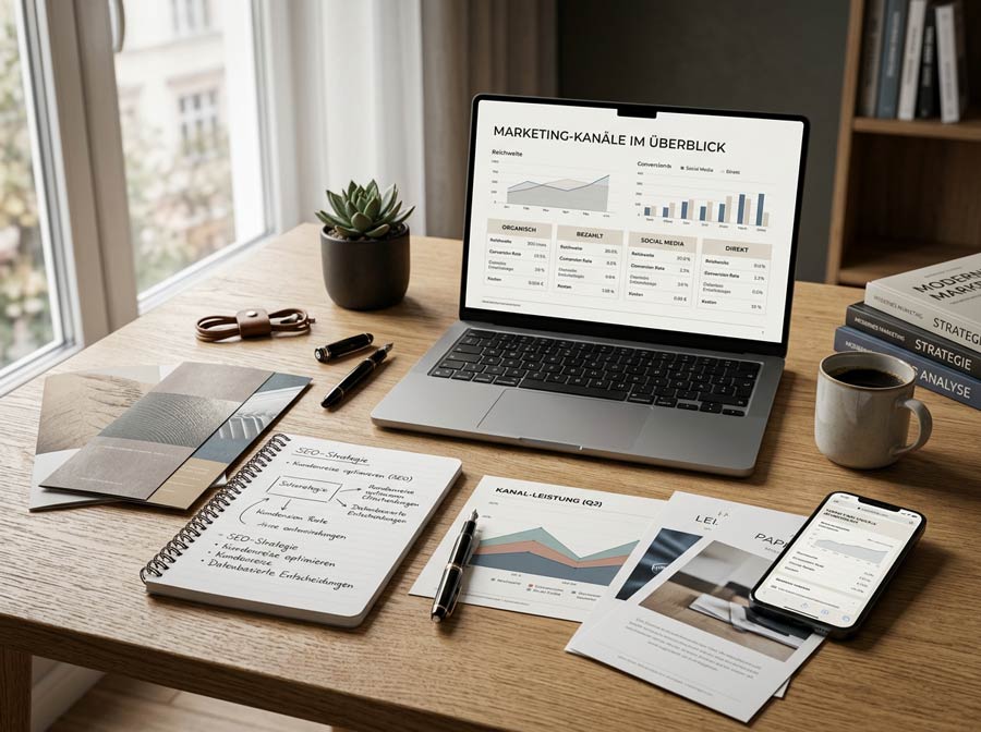 Editorial-Visual zum Vergleich von SEO mit anderen Marketingkanälen wie Messe, Werbung und digitaler Sichtbarkeit.