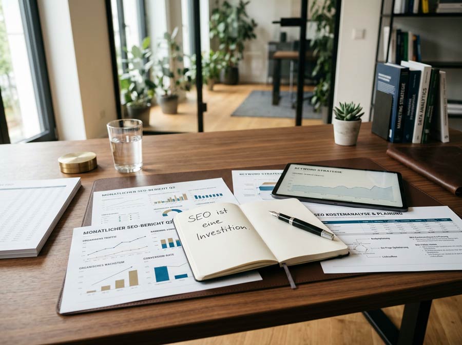 Editorial-Visual zu SEO als strategischer Investition mit Unterlagen, Diagrammen und analytischer Arbeitsatmosphäre.