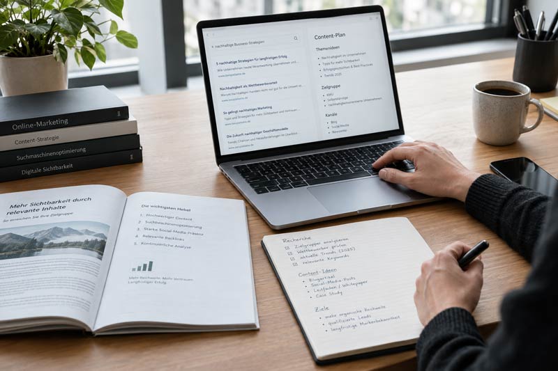 Hochwertige Recherche- und Arbeitsszene als Symbol für organische Sichtbarkeit und strategisches SEO.