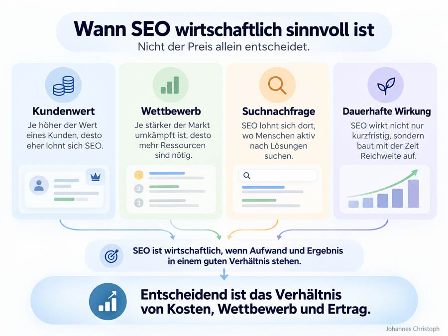 Infografik zu den Faktoren, die bestimmen, wann SEO wirtschaftlich sinnvoll ist.