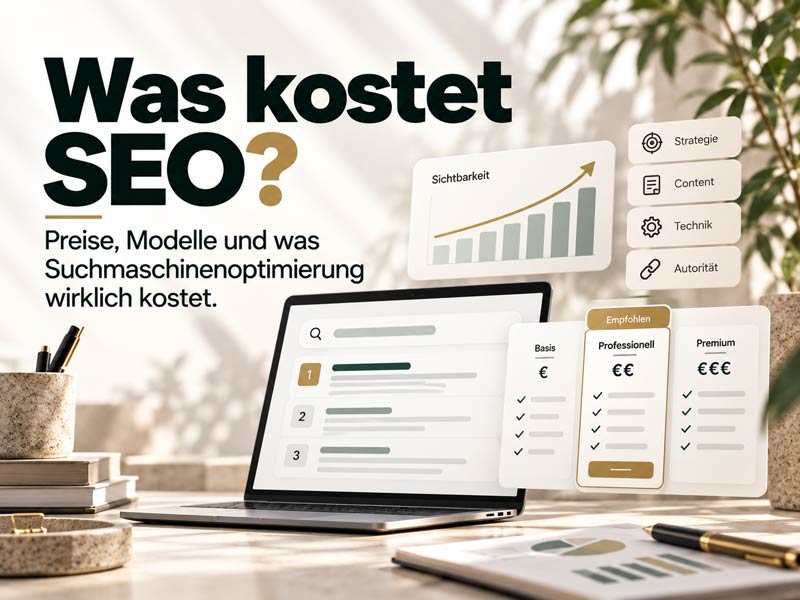 Editorial-Visual zu SEO als strategischer Investition mit Unterlagen, Diagrammen und analytischer Arbeitsatmosphäre.